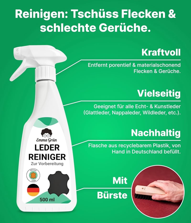 Emma Grün Bőrtisztító és Ápolószer Szett Autóhoz - Valódi és Műbőr Tisztítás Alcantara Ülésekhez - Economy Set - Lotion 250 ml & Cleaner 500 ml