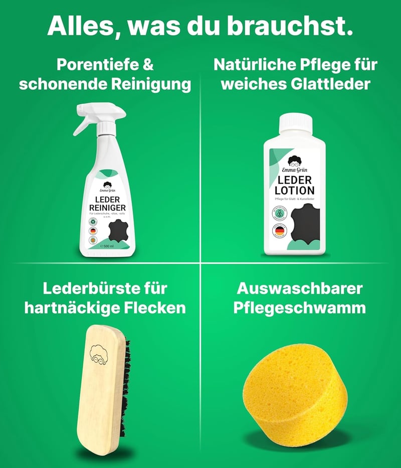 Emma Grün Bőrtisztító és Ápolószer Szett Autóhoz - Valódi és Műbőr Tisztítás Alcantara Ülésekhez - Economy Set - Lotion 250 ml & Cleaner 500 ml