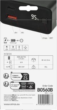 EMOS 20000 mAh Powerbank 65W PD - USB-C/USB-A, Gyorstöltés, Laptop/Tablet/Telefon, Fekete - 20 000 mAh 3