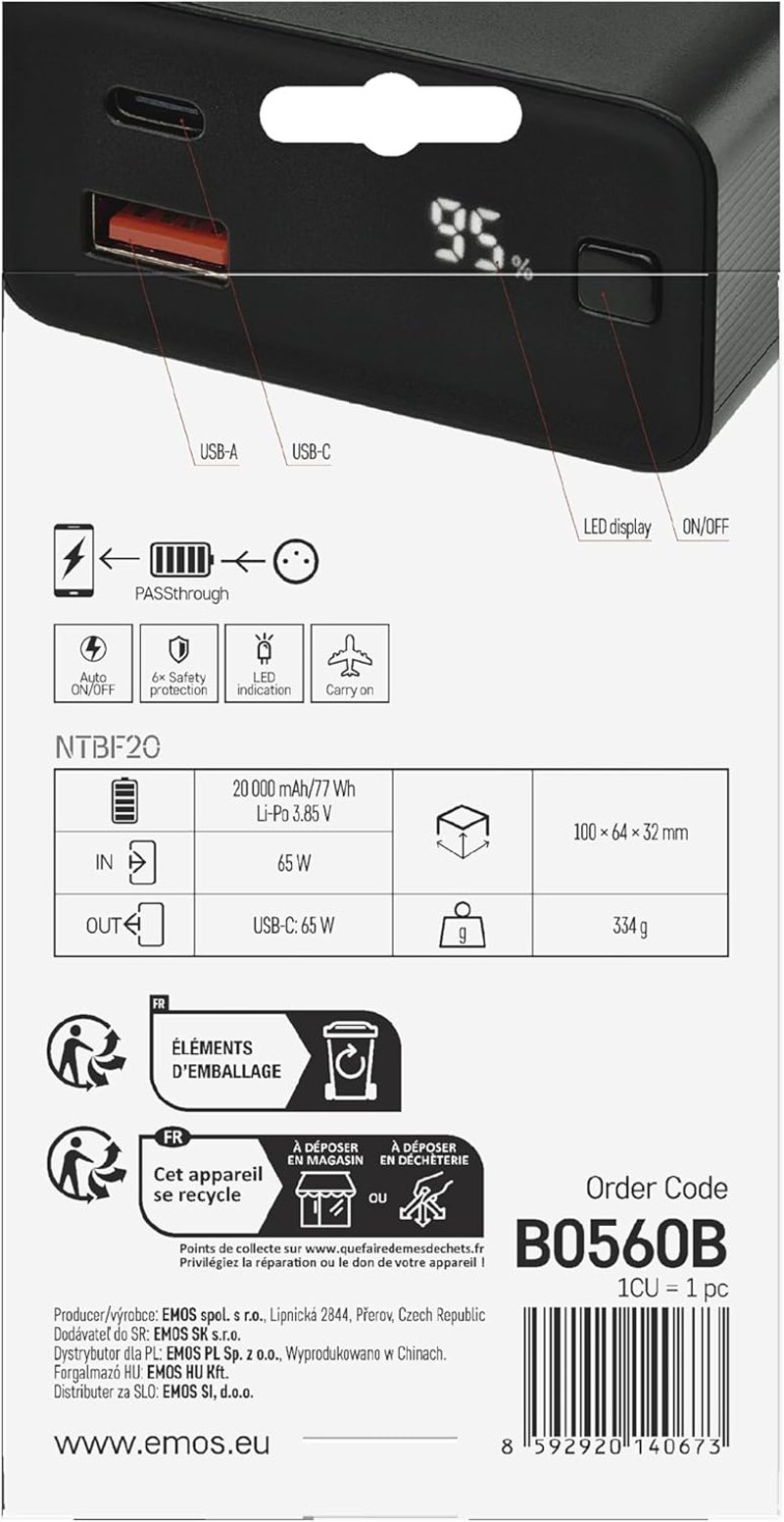 EMOS 20000 mAh Powerbank 65W PD - USB-C/USB-A, Gyorstöltés, Laptop/Tablet/Telefon, Fekete - 20 000 mAh