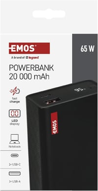 EMOS 20000 mAh Powerbank 65W PD - USB-C/USB-A, Gyorstöltés, Laptop/Tablet/Telefon, Fekete - 20 000 mAh 2