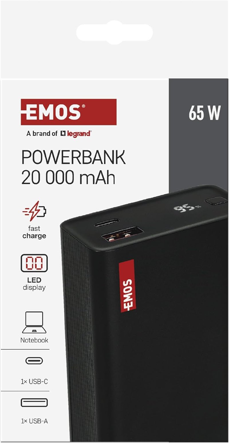 EMOS 20000 mAh Powerbank 65W PD - USB-C/USB-A, Gyorstöltés, Laptop/Tablet/Telefon, Fekete - 20 000 mAh