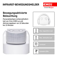 Infračervený snímač pohybu EMOS G1240, IP65, biely, uhol snímania 180°, dosah 12 m, citlivosť 3 – 2000 luxov, na montáž na stenu do interiéru aj exteriéru 4