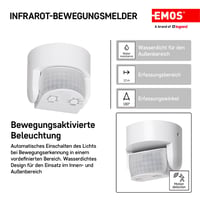 Infračervený snímač pohybu EMOS G1240, IP65, biely, uhol snímania 180°, dosah 12 m, citlivosť 3 – 2000 luxov, na montáž na stenu do interiéru aj exteriéru 3