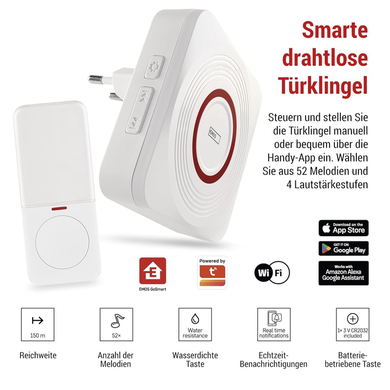 EMOS GoSmart WiFi okos ajtócsengő szett alkalmazással, 52 dallam, 110 dB