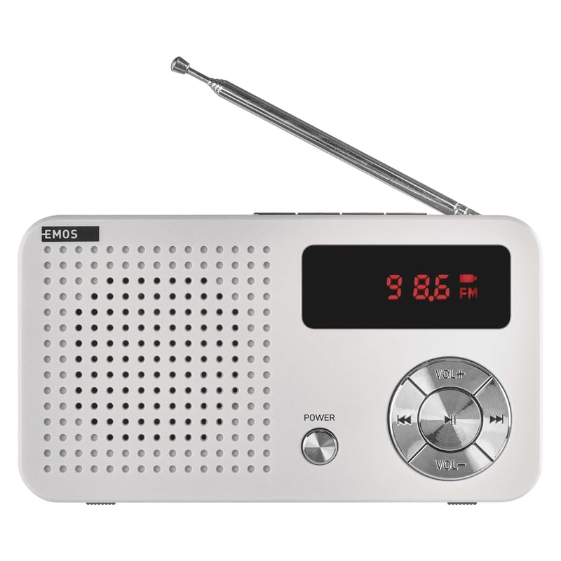 Radio FM digital portabil EMOS și player MP3 cu acumulator + cablu USB-C, antenă telescopică, slot card Micro SD, alb/gri