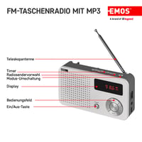Radio FM digital portabil EMOS și player MP3 cu acumulator + cablu USB-C, antenă telescopică, slot card Micro SD, alb/gri 3