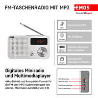 Radio FM digital portabil EMOS și player MP3 cu acumulator + cablu USB-C, antenă telescopică, slot card Micro SD, alb/gri 2