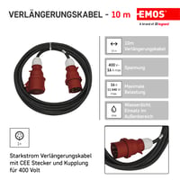 Prelungitor electric EMOS IP44 CEE 10 m - conector cu 5 pini - rezistent la apă, termorezistent - 400 V 16 A 3680 W - izolație din cauciuc - H05RR-F 2,5 mm2 - pentru utilizare la exterior și camping 2