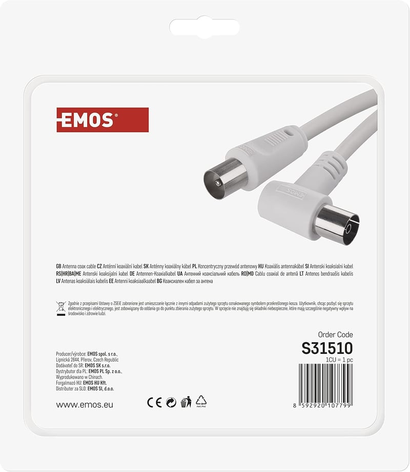 EMOS Koaxiális Antennakábel 15m Egyenes-Szög Csatlakozóval TV-hez