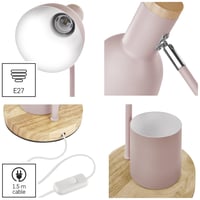 Lampă de birou LED EMOS POPPY cu suport pentru pixuri, dulie E27, roz - corp metalic, bază din lemn, cablu de 1,5m cu întrerupător, max. 25W, fără sursă de lumină 4