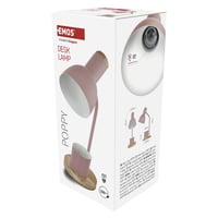 Lampă de birou LED EMOS POPPY cu suport pentru pixuri, dulie E27, roz - corp metalic, bază din lemn, cablu de 1,5m cu întrerupător, max. 25W, fără sursă de lumină 6