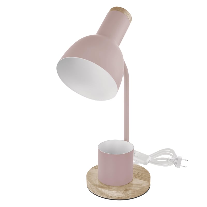 Lampă de birou LED EMOS POPPY cu suport pentru pixuri, dulie E27, roz - corp metalic, bază din lemn, cablu de 1,5m cu întrerupător, max. 25W, fără sursă de lumină