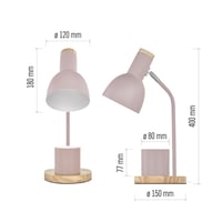 Lampă de birou LED EMOS POPPY cu suport pentru pixuri, dulie E27, roz - corp metalic, bază din lemn, cablu de 1,5m cu întrerupător, max. 25W, fără sursă de lumină 5