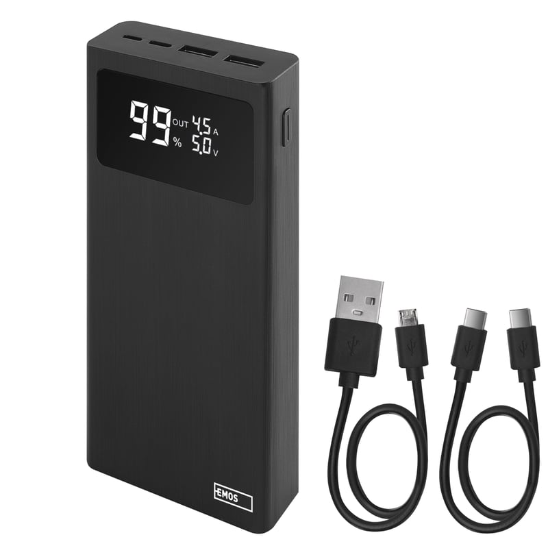 Powerbank EMOS 20000 mAh, 22,5 W rýchlonabíjanie, s displejom a funkciou Pass-Through, 3 výstupy, pre smartfóny a tablety, vrátane USB-C kábla