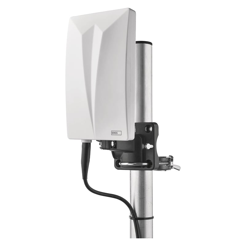 Aktívna vnútorná a vonkajšia anténa EMOS Village DVB-T2 DAB FM Full HD s dosahom 0 – 80 km, LTE 4G 5G filtrom a zosilňovačom, biela