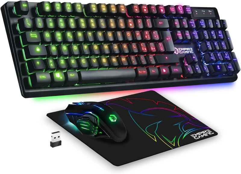 Empire Gaming Armor RF800 Vezeték Nélküli Gamer Billentyűzet és Egér Szett RGB Háttérvilágítással - 4800 DPI Ergonomikus Egér Egérpaddal PC 