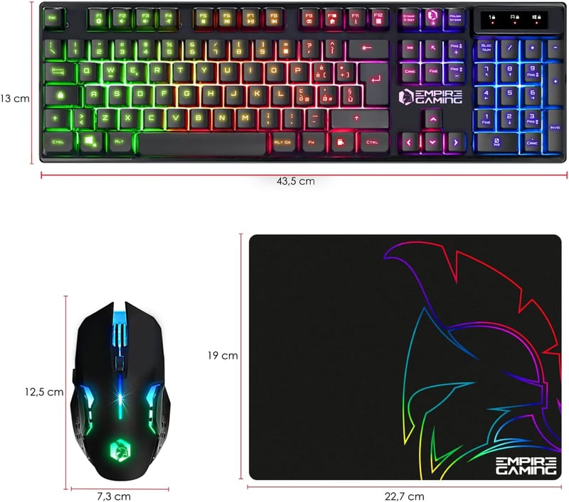 Empire Gaming Armor RF800 Vezeték Nélküli Gamer Billentyűzet és Egér Szett RGB Háttérvilágítással - 4800 DPI Ergonomikus Egér Egérpaddal PC 