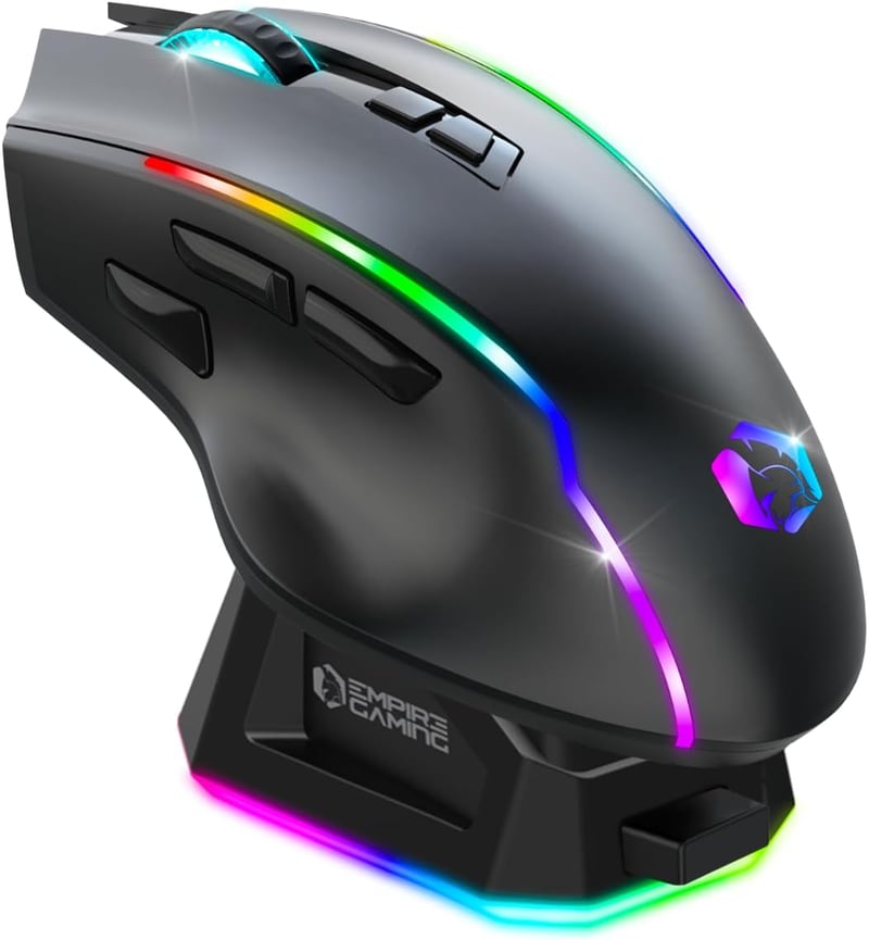 EMPIRE GAMING RF908 Vezeték Nélküli Egér Újratölthető Mágneses Töltőállomással RGB Világítás 10000DPI 8 Programozható Gomb Fekete