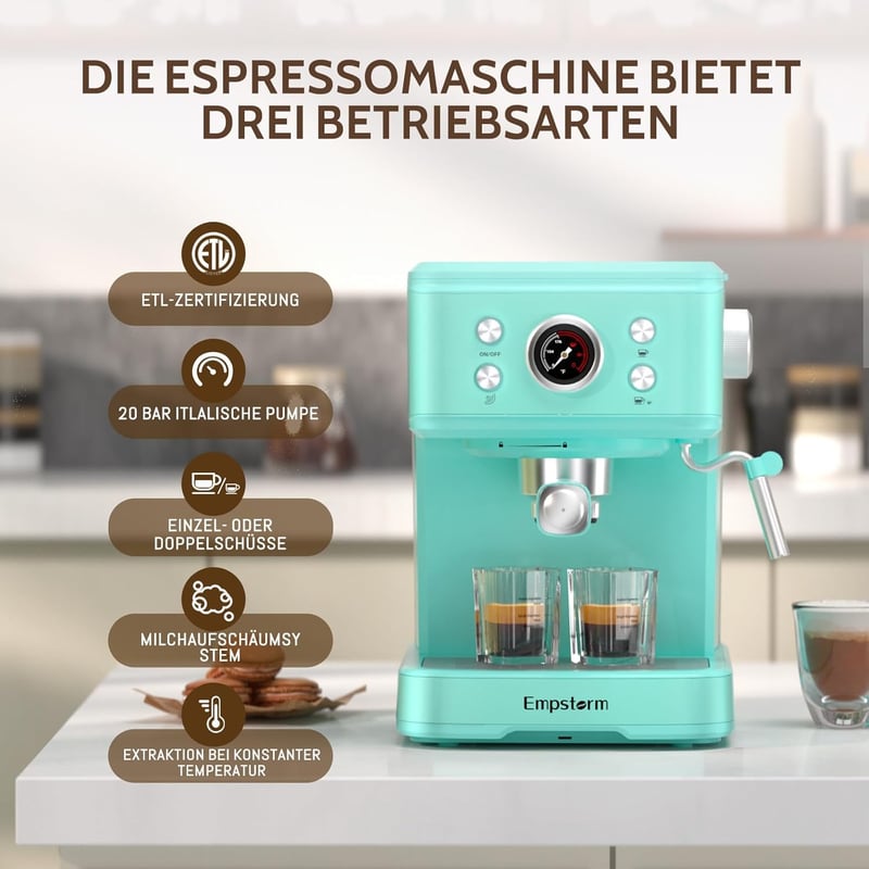 Empstorm Eszpresszó Kávéfőző Tejhabosítóval - 20 Bar Nyomású, 2in1 Rendszer Őrölt Kávéhoz és Kapszulákhoz, 1,5L Víztartály, Világoskék