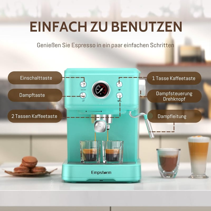 Empstorm Eszpresszó Kávéfőző Tejhabosítóval - 20 Bar Nyomású, 2in1 Rendszer Őrölt Kávéhoz és Kapszulákhoz, 1,5L Víztartály, Világoskék
