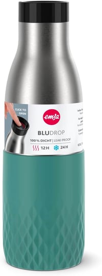 Sticlă de apă din oțel inoxidabil Emsa Bludrop 0,5L, 100% etanșă, menținere la rece 24 de ore - 0,5L, Turcoaz, sticlă cu manșon de protecție 9