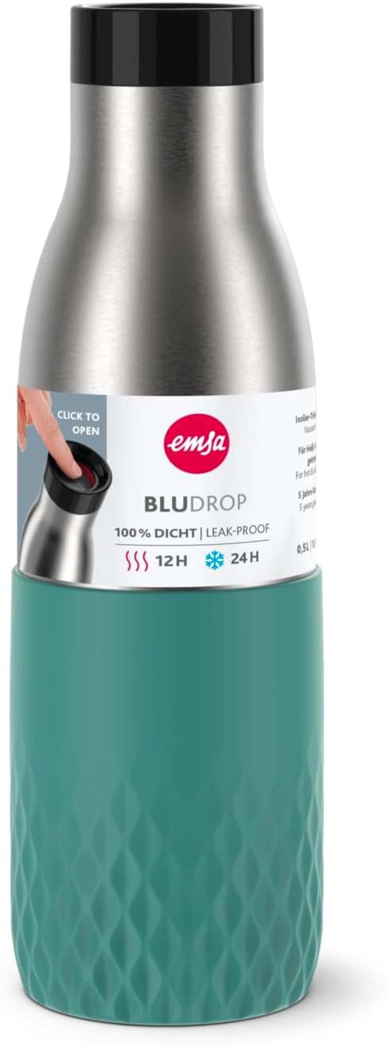 Sticlă de apă din oțel inoxidabil Emsa Bludrop 0,5L, 100% etanșă, menținere la rece 24 de ore - 0,5L, Turcoaz, sticlă cu manșon de protecție