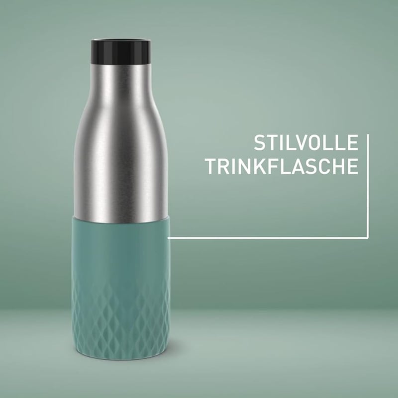 Sticlă de apă din oțel inoxidabil Emsa Bludrop 0,5L, 100% etanșă, menținere la rece 24 de ore - 0,5L, Turcoaz, sticlă cu manșon de protecție