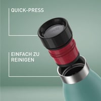 Nerezová termoska na pitie Emsa Bludrop Colour 0,7 litra, petrolejovo modrá, pitie z 360°, 12 h teplá, 24 h studená, nepriepustný uzáver Quick-Press 3
