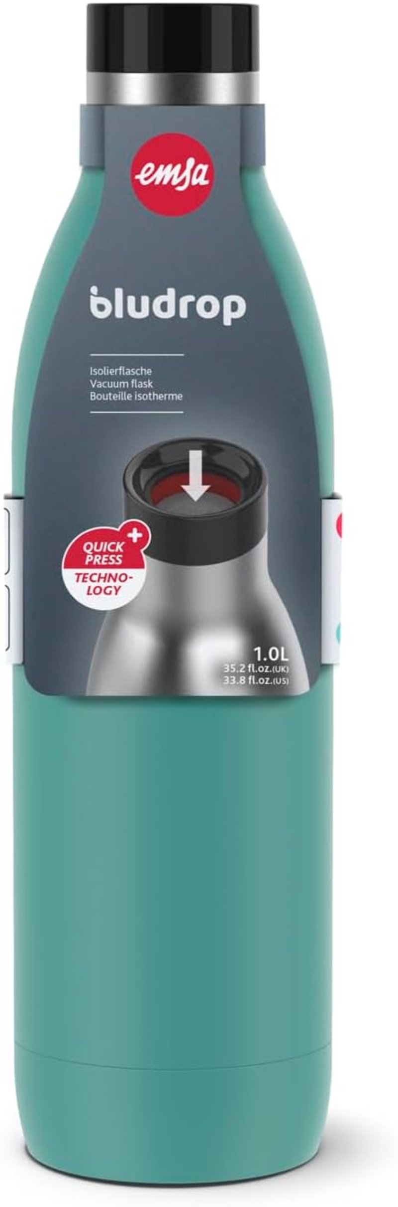 Emsa Bludrop N31121 1L Termosz Palack, 100% Vízhatlan, Rozsdamentes Acél - 1000 fluid ounces, Petrol, Colour drinking bottle