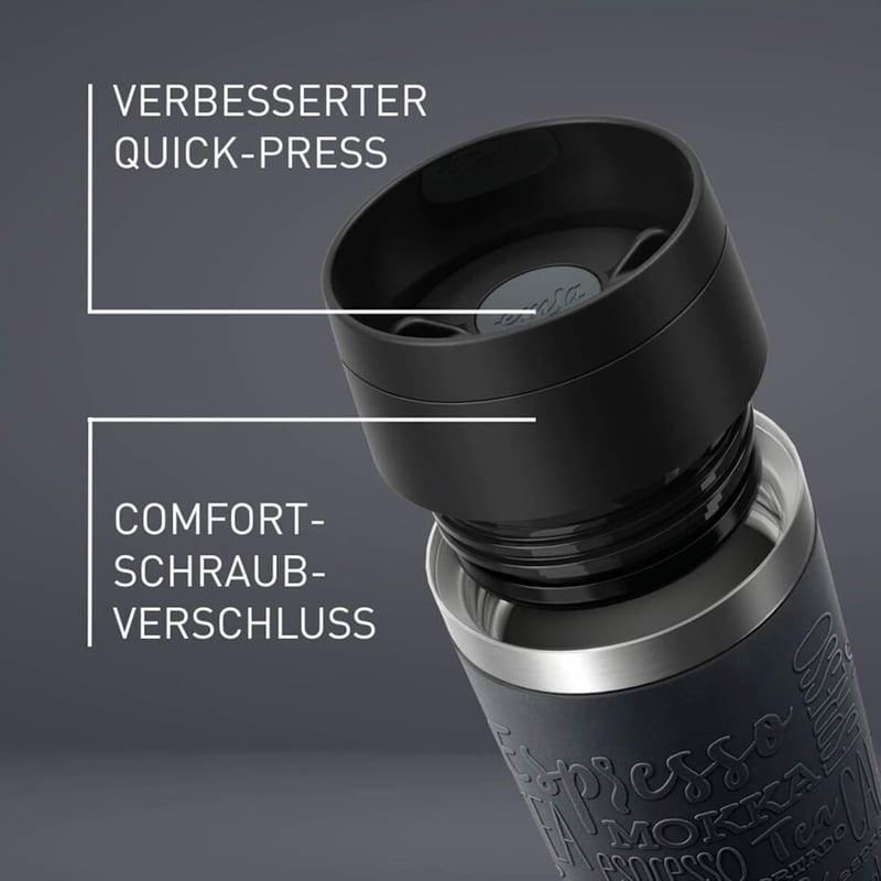 Emsa N20220 utazó termosz 0,5L rozsdamentes acél fekete - Black, Comfort closure