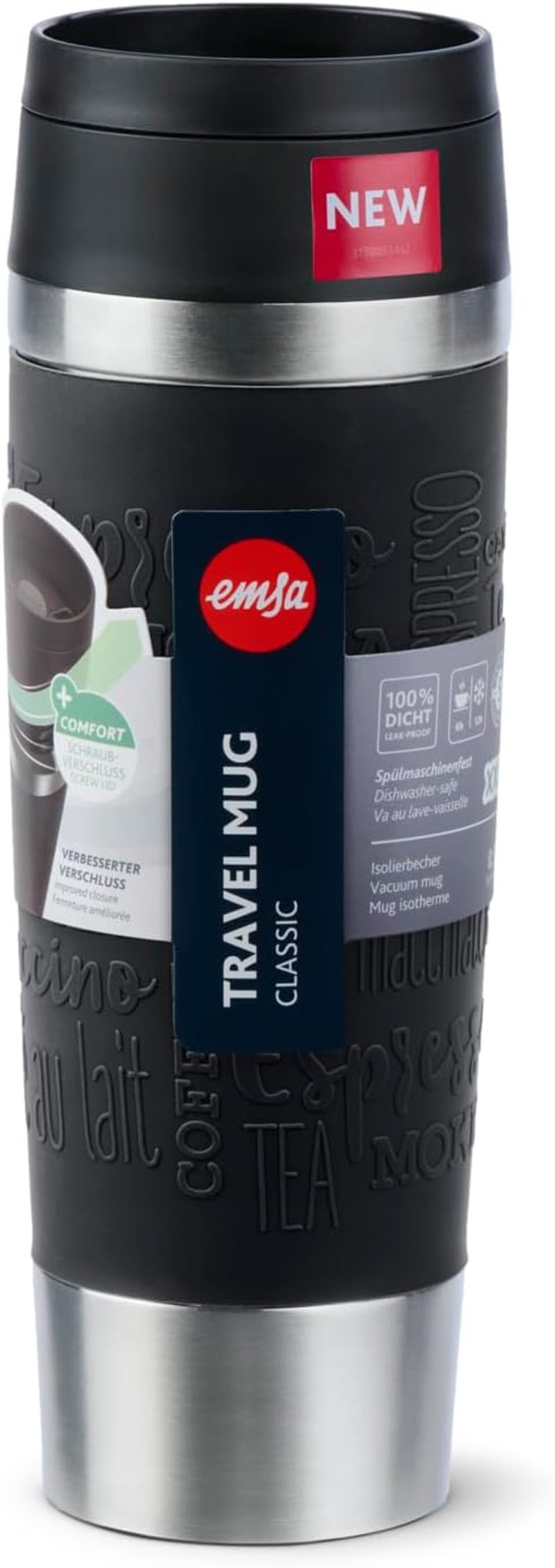 Emsa N20220 utazó termosz 0,5L rozsdamentes acél fekete - Black, Comfort closure