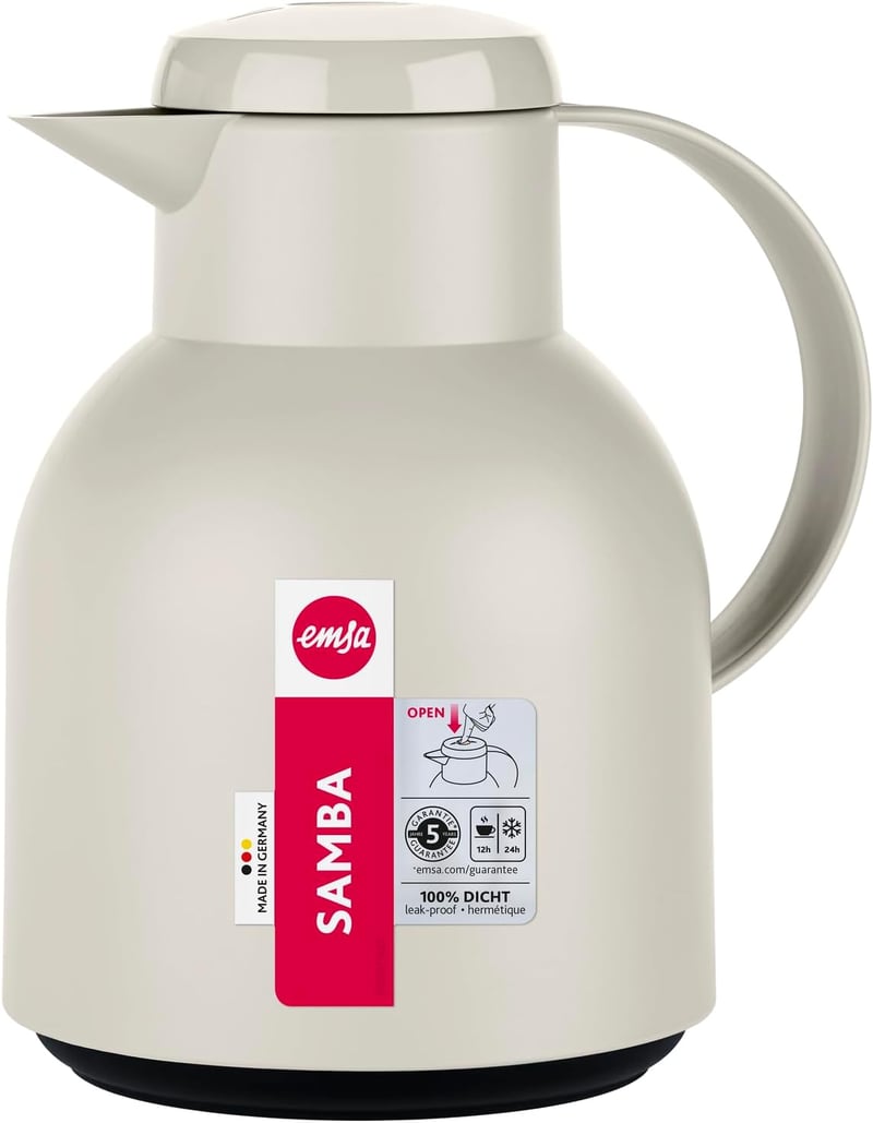 Emsa Samba 1 literes termoszkancsó, 12 órás meleg, 24 órás hideg, teljesen szorítómentes - 2-1 L, Powder Grey