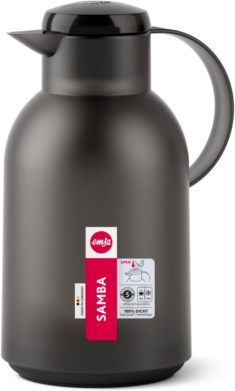 EMSA Samba termosz kanna, kávéforraló, teáskanna, hőtartó bögre - 1,500 ml, Translucent Black, Single