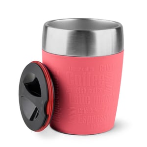 Cană termos Emsa Travel Cup de 0,2 litri din oțel inoxidabil, cu deschidere la 360 de grade, mâner din silicon, culoarea coral