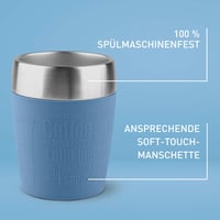 Cană de călătorie Emsa Travel Cup 514515, 0,2 L, Albastru, Pereți dubli, Oțel inoxidabil, Lavabilă în mașina de spălat vase, Deschidere 360 grade, Husă din silicon 5