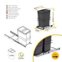 Coș de gunoi selectiv pentru bucătărie Emuca 35 L, cu fixare la bază, extracție manuală, plastic gri antracit 4