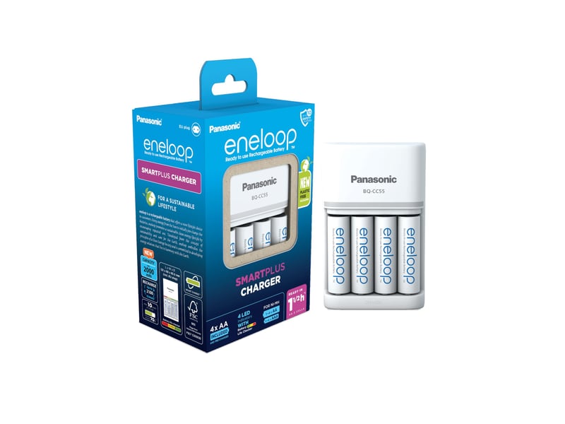 Nabíjačka batérií eneloop SmartPlus AA/AAA Ni-MH + 4× AA 2000 mAh batéria, rýchlonabíjanie 1,5 hodiny, LED indikácia, 10 bezpečnostných funkcií