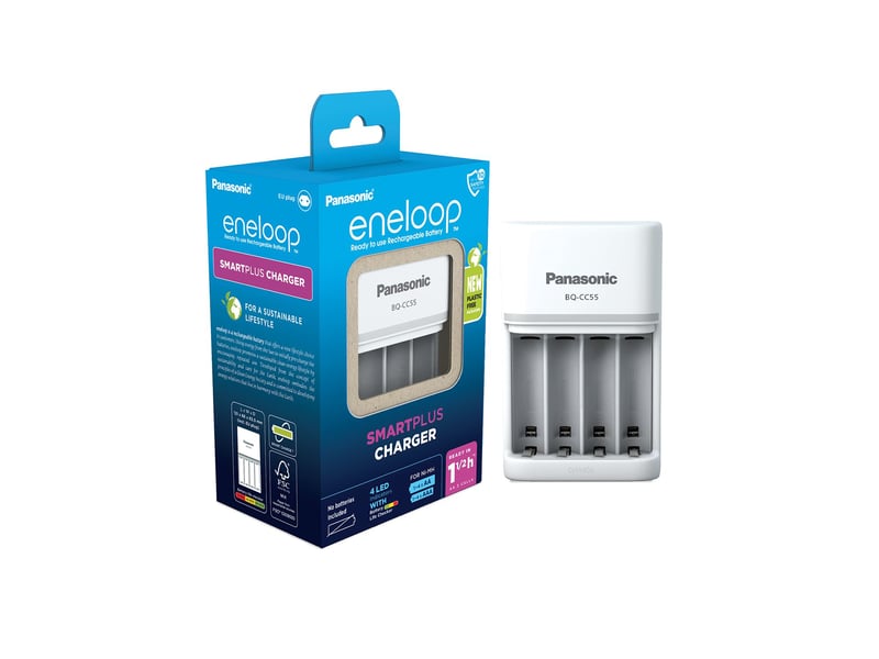 Nabíjačka Ni-MH batérií eneloop SmartPlus BQ-CC55E pre 1-4 AA/AAA batérie, doba nabíjania 1,5 hodiny, 10 bezpečnostných funkcií, 4 LED indikátory