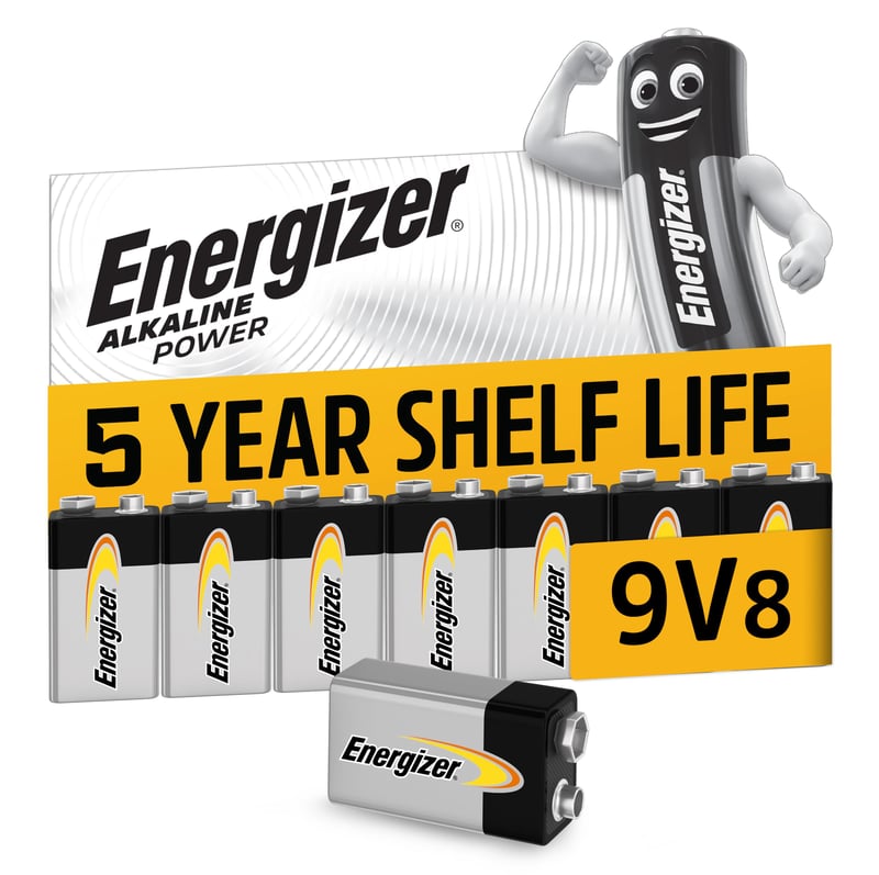 Energizer Alkaline Power 9V batéria – balenie 8 ks – pre dymové senzory, elektroniku a audio zariadenia – alkalická batéria s dlhou výdržou