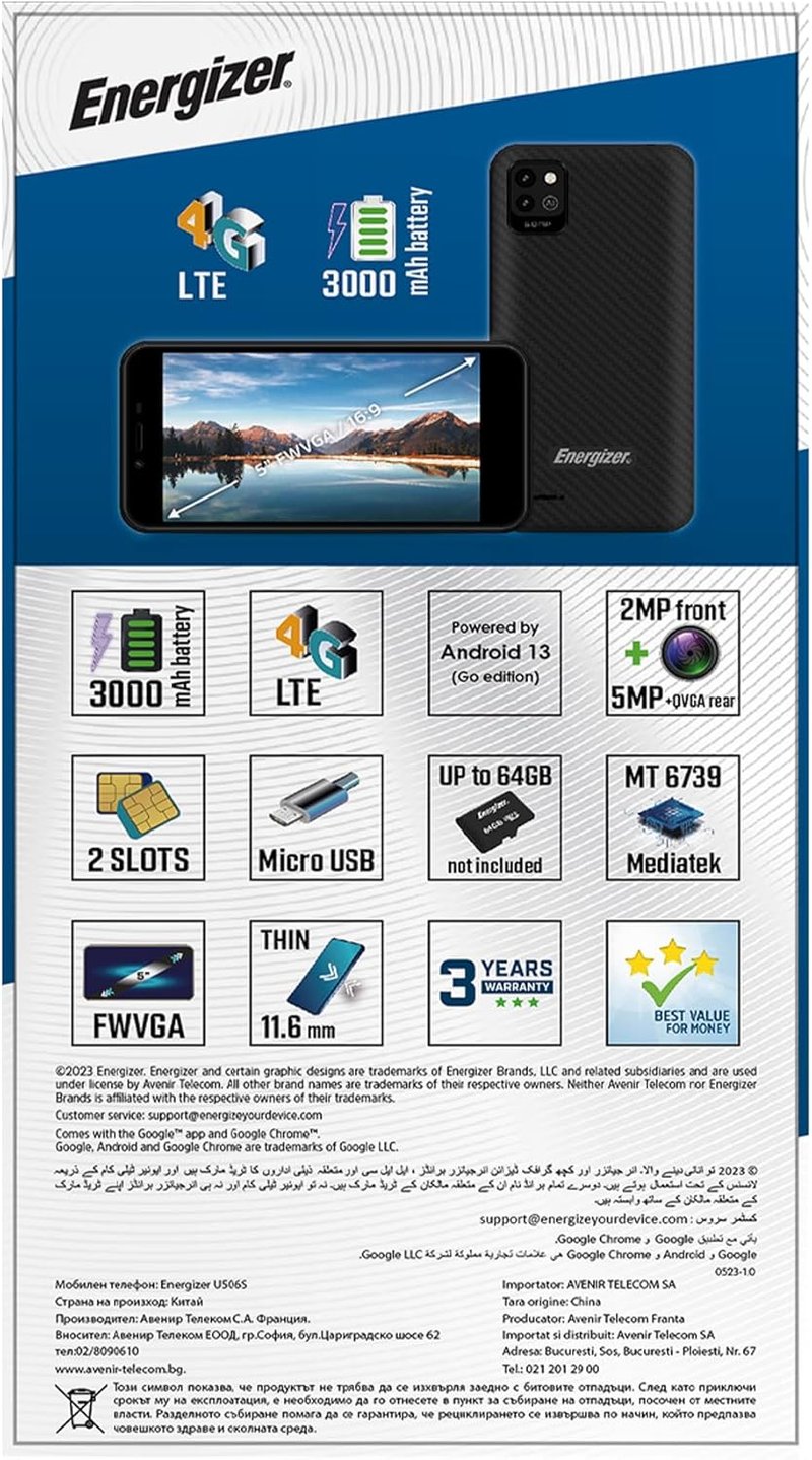 Energizer U506S Okostelefon 5" Kijelző 2GB RAM 32GB Tár Android 13 Fekete