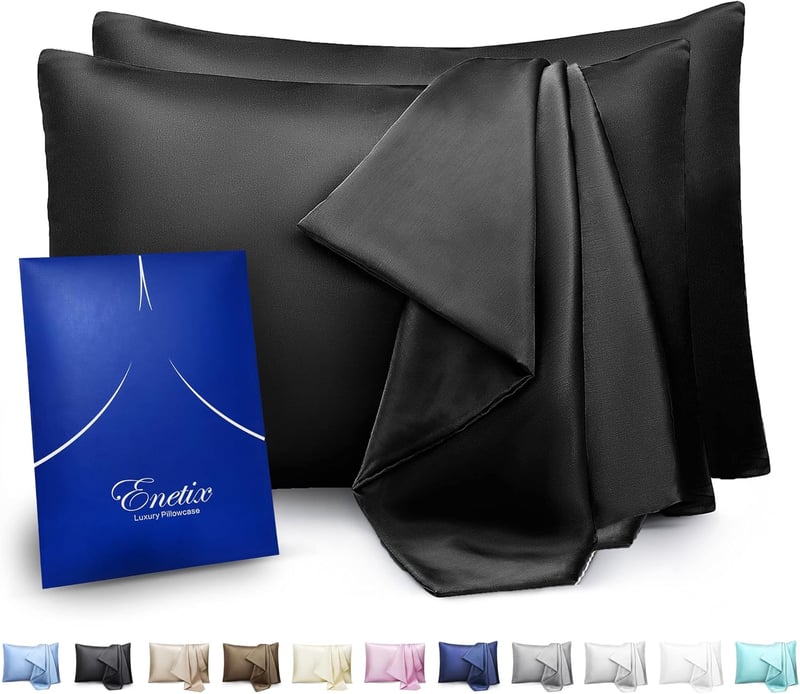 ENETIX Selyem Szatén Párnahuzat 2db Hajápolás Bőrprobléma Elleni 50×75cm Fekete Rejtett Cipzárral - 50×70 cm, Black