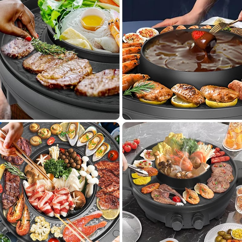 ENFRIFAM 2 az 1-ben Elektromos Hot Pot és Grill 2200W - Koreai BBQ, Fondue, Raclette Tapadásmentes Bevonattal, Külön Hőmérséklet Szabályozás