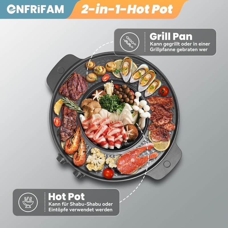 ENFRIFAM 2 az 1-ben Elektromos Hot Pot és Grill 2200W - Koreai BBQ, Fondue, Raclette Tapadásmentes Bevonattal, Külön Hőmérséklet Szabályozás