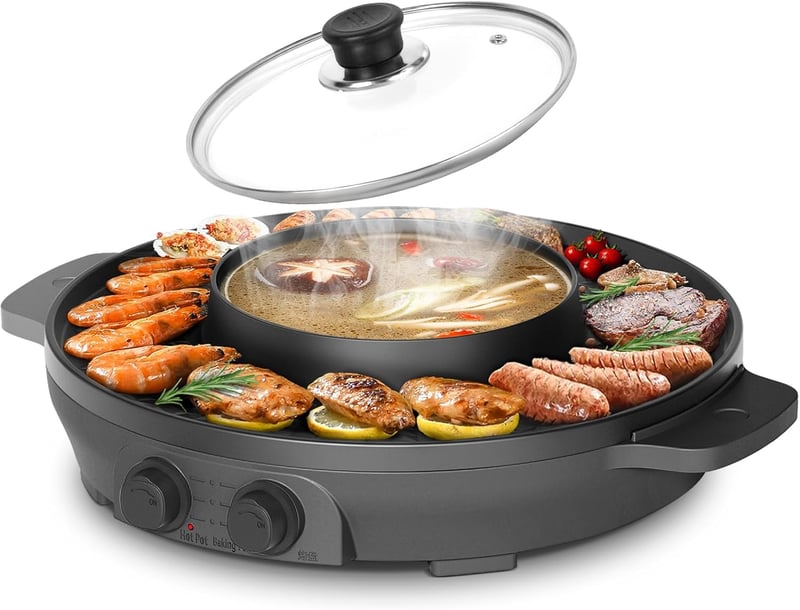 ENFRIFAM 2 az 1-ben Elektromos Hot Pot és Grill 2200W - Koreai BBQ, Fondue, Raclette Tapadásmentes Bevonattal, Külön Hőmérséklet Szabályozás