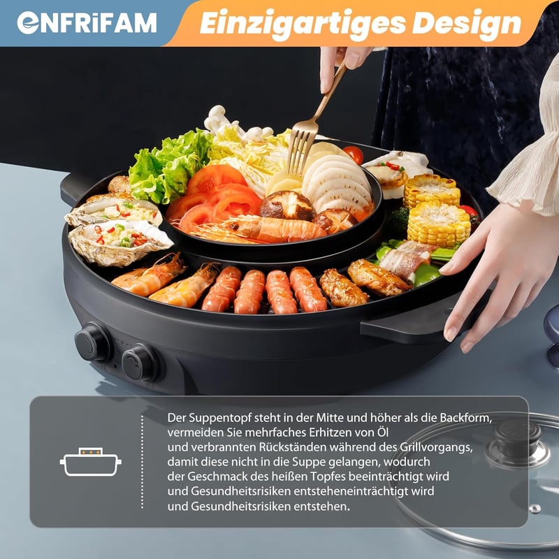 ENFRIFAM 2 az 1-ben Elektromos Hot Pot és Grill 2200W - Koreai BBQ, Fondue, Raclette Tapadásmentes Bevonattal, Külön Hőmérséklet Szabályozás