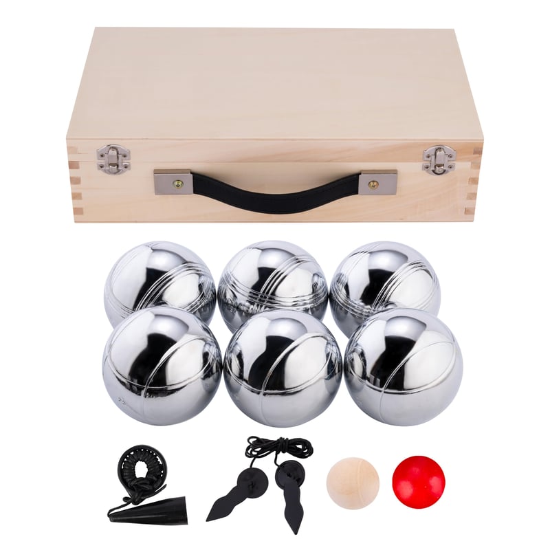 Set de bile de petanque Engelhart, 6 bucăți, oțel cromat, 74 mm, 720 g, în cutie de depozitare din lemn