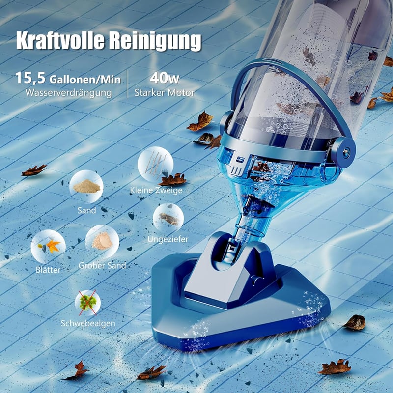 Enhulk Akkumulátoros Medence Porszívó 60 Perc Üzemidő, 222 cm Teleszkópos Rúd, 4200 L/H Szívóerő