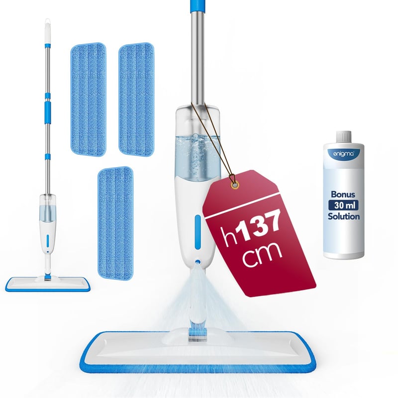 Enigma rozprašovací mop 137 cm, s 3 utierkami, modrý, na mokré/suché čistenie, plniteľný, na laminátové, drevené, dlaždicové, vinylové a kamenné podlahy