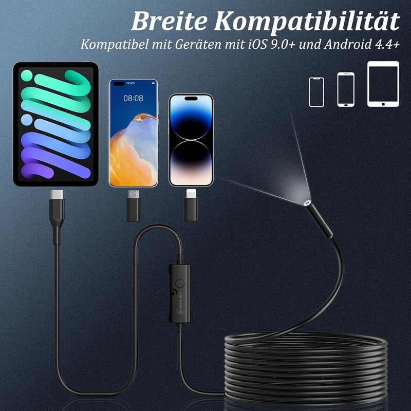 Ennovor 1920 HD Endoszkóp Kamera 8 LED Fénnyel, IP67 Vízálló Inspekciós Kamera Android iOS-hez - Single-lens 5m